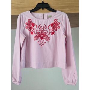 Women’s Pink Striped Long-Sleeve Top with Red Floral Embroidery